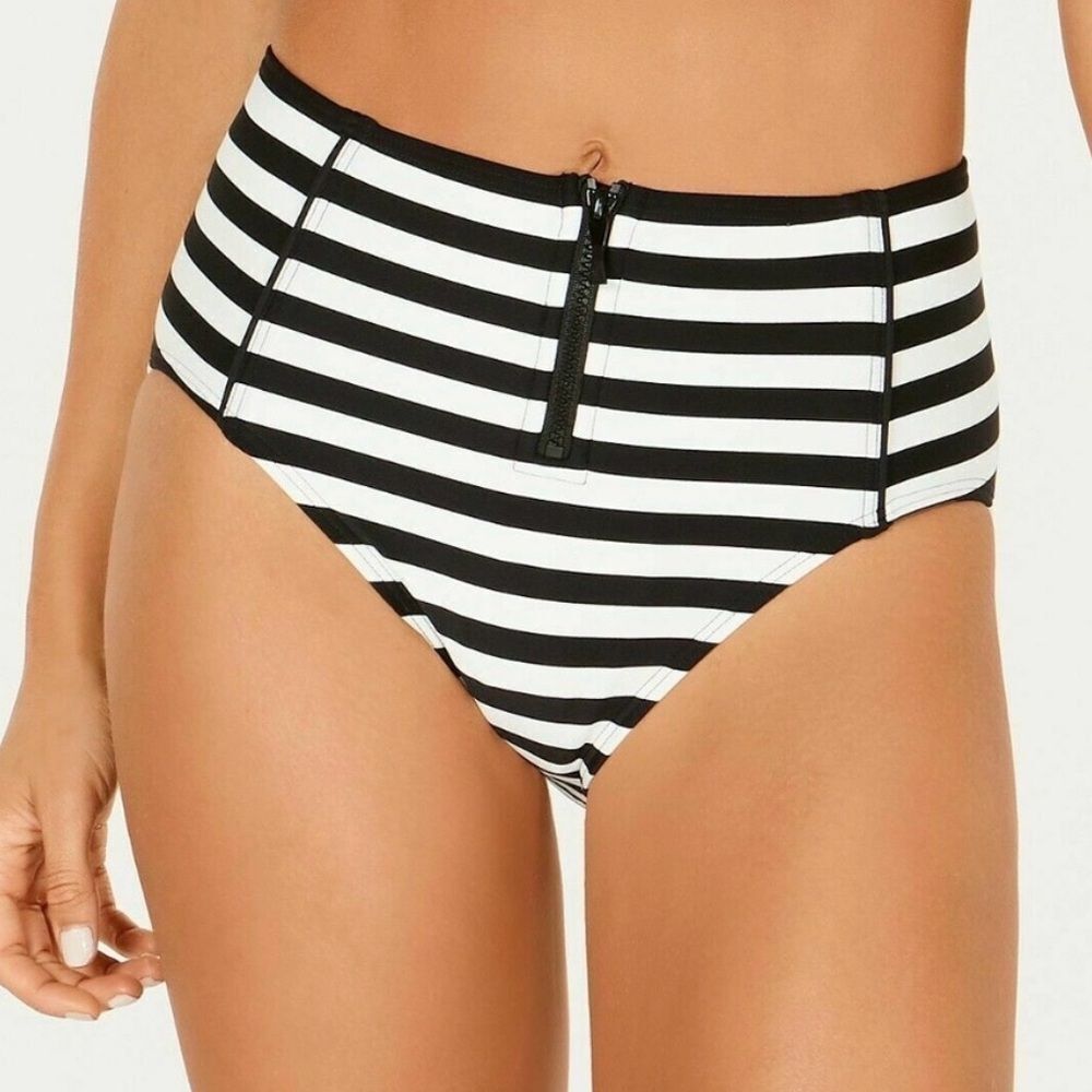 Kate Spade Cape May Bikini Bottom High Waist Black White Stripe Zip Front Medium